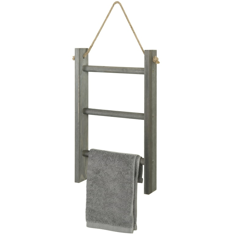 Farmlyn Creek 3-Tier Rustic-Style Hanging Towel Rack, Small Wooden Hanging Ladder Towel Racks for Bathroom with Rope, 10 x 23 in, Gray