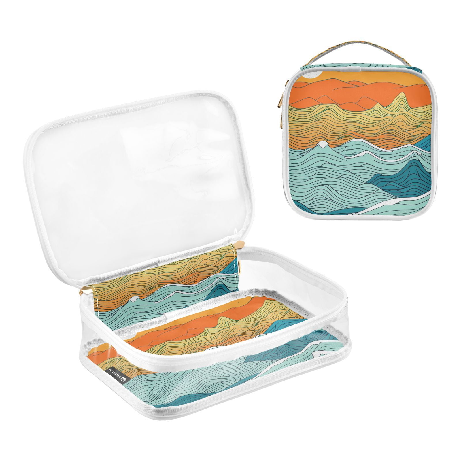 Clear Makeup Bags with Handle Large Opening 2 Pack Set Toiletry Bag Quart Size Bag, for Women Man Traveling Travel Essentials, Toiletries and Other. Hand Drawing Wave Sea