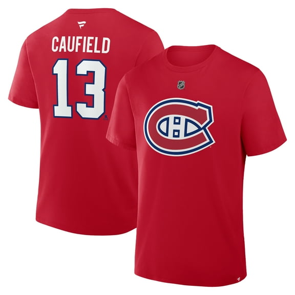 Men's Fanatics Cole Caufield Red Montreal Canadiens Authentic Stack Name & Number T-Shirt