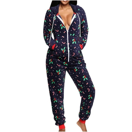 

CYMMPU One Piece Pajamas Ladies Casual One-Piece Homewear Pajamas Christmas Homewear Hooded Zipper Navy S
