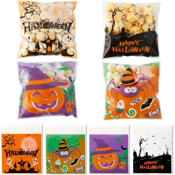 100 PCS Halloween Treat Ziplock bags Self-sealing Candy Cookie Goody Small Gift Wrap Bags for Halloween Party Favors Supplies Decorations Pouches Table Decor