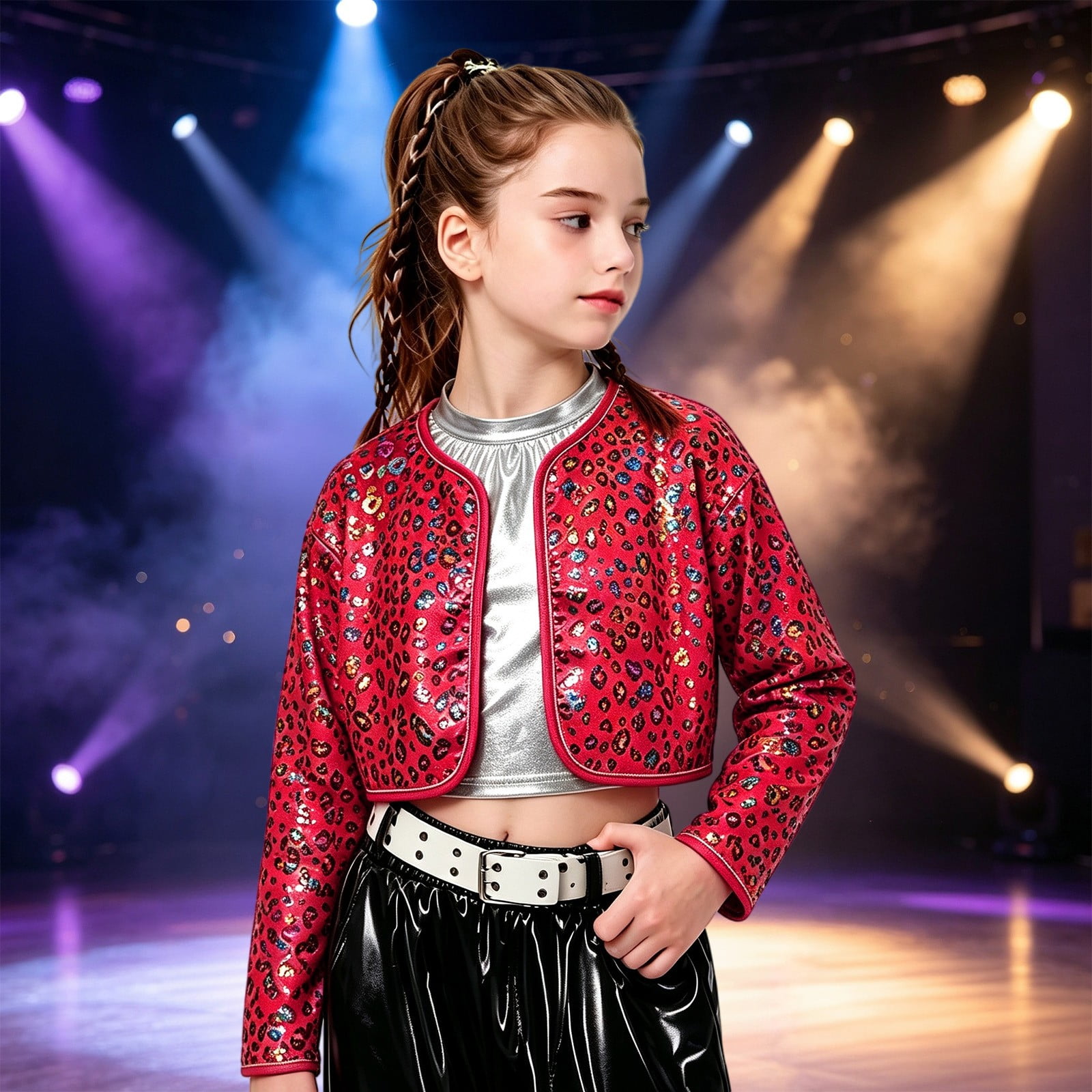 XIMIN Kids Long Sleeve Sequin Printed Shrug Crotch Buttons Kids Themed Dress Up Wear for Party Stage Shows and Photos (Red 15-16 Years)