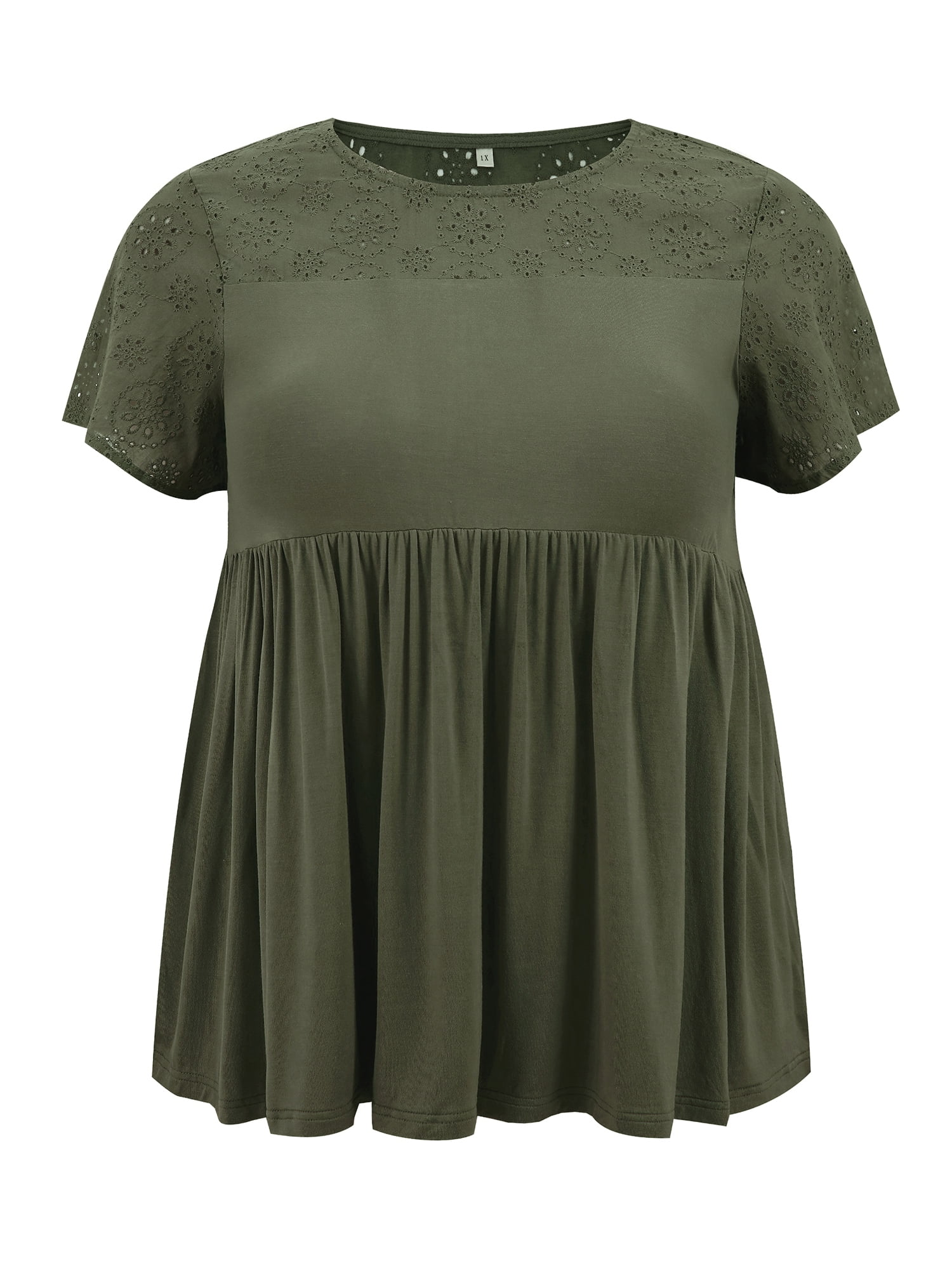 DARING DIVA Women's Plus Eyelet Embroidery Blouse with Ruffle Hem 3X Army Green
