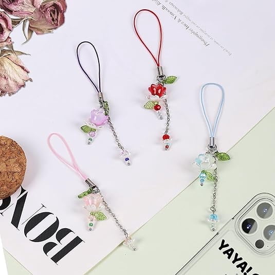 4PCS Y2K Lotus Flower Phone Charms | Cute Beaded Resin Cell Phone Straps, Aesthetic Keychain Bag Pendants for Women Gift.