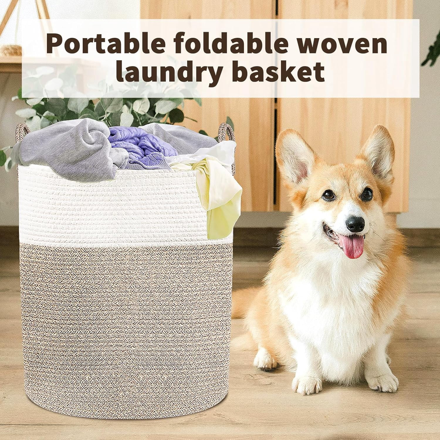 Laundry Basket Large Woven Rope Laundry Hamper 60L Foldable Tall Storage Basket with Handle for Decor Storage of Dirty Clothes Toys and Blankets in Bathroom Bedroom Living Room White & Brown