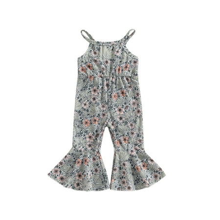 

Frobukio Kids Toddler Girls Jumpsuits Bowknot Floral Print Sleeveless Romper Summer Casual Flare Pants Playsuits Gray Green　3-4 Years