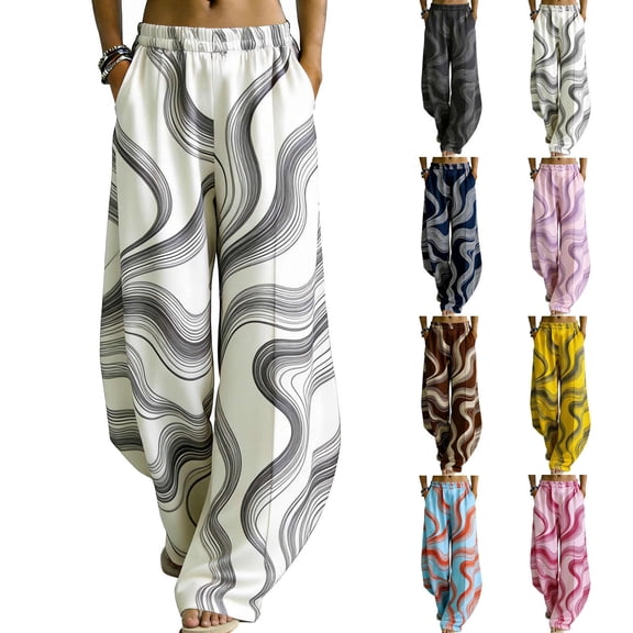 YOIAVIAOY Lounge Flared Pants for Women Comfy Floral Print Pleated Pant Elastic High Waist Wide Leg Palazzo Trousers Purple M