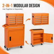 Seizeen Rolling Tool Box, 2-IN-1 Steel Tool Chest and Storage Cabinet, Removable Tool Box Organizer On Wheels with 5 Sliding Drawers for Garage Workstation Workshop, Orange