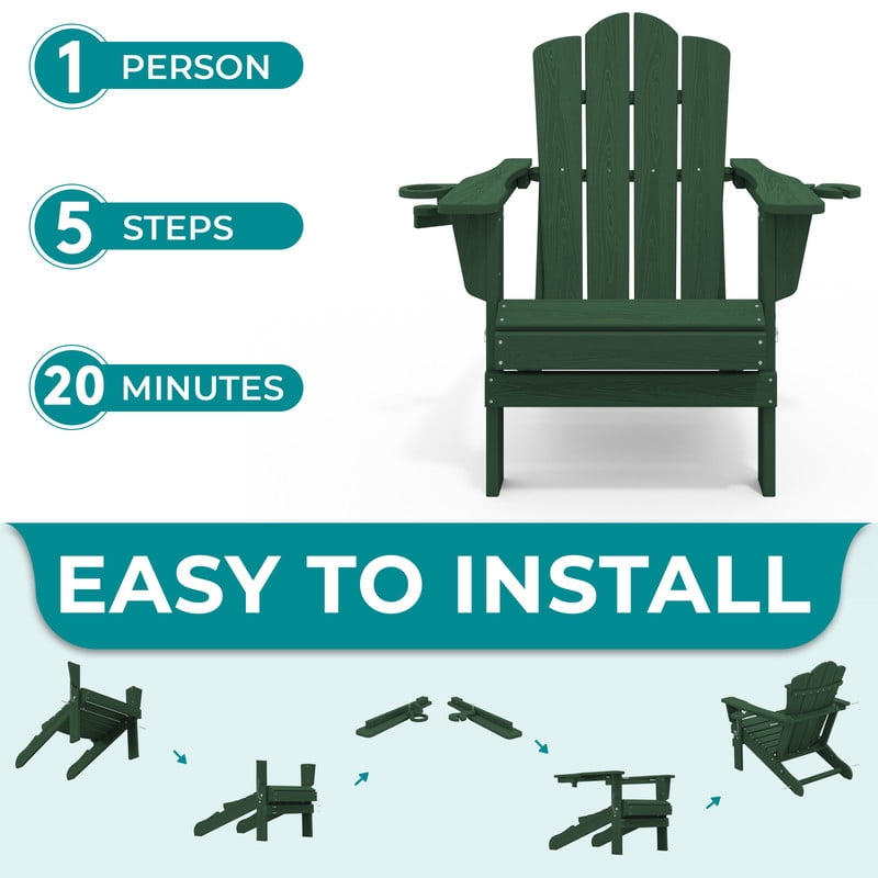 RIAFUN Outdoor Patio chair, Folding HDPE Resin Adirondack Chair with Double Cup Holder, Dark Green