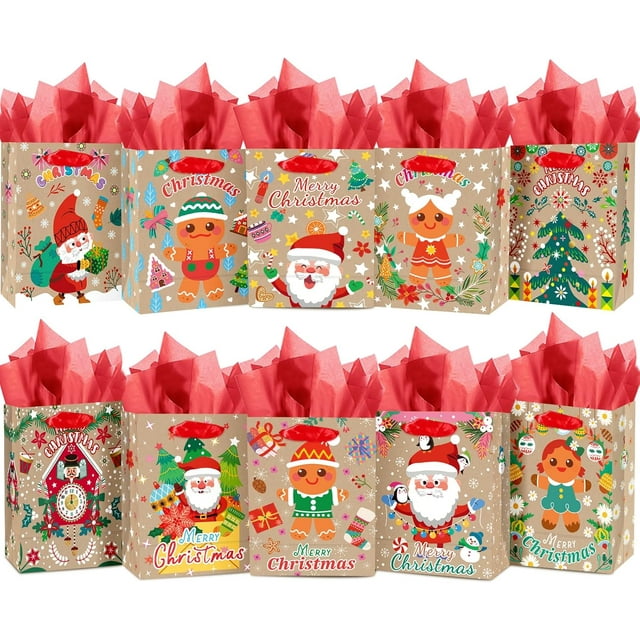 qiqee Christmas Bags Set of 10 - White Bags with Gingerbread Man Design(10PCS with different patterns, 20PCS Tissue Paper as a gift, Small Size 2.4"x 4.7"x 6.3")