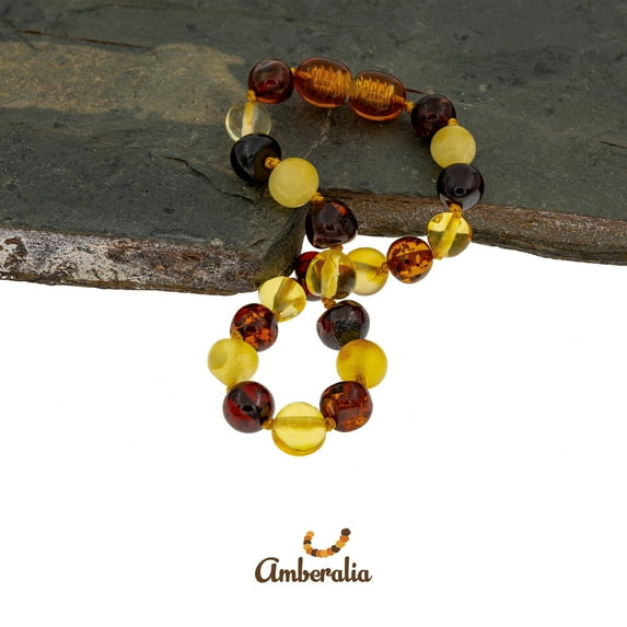 Amberalia Baby Baltic Amber TeethingBracelet/Anklet, Lab-tested, Certified Genuine Amber, drooling and teething relief - boost immune system - Infants/toddler - Handmade Polish Multicolor 5.5"