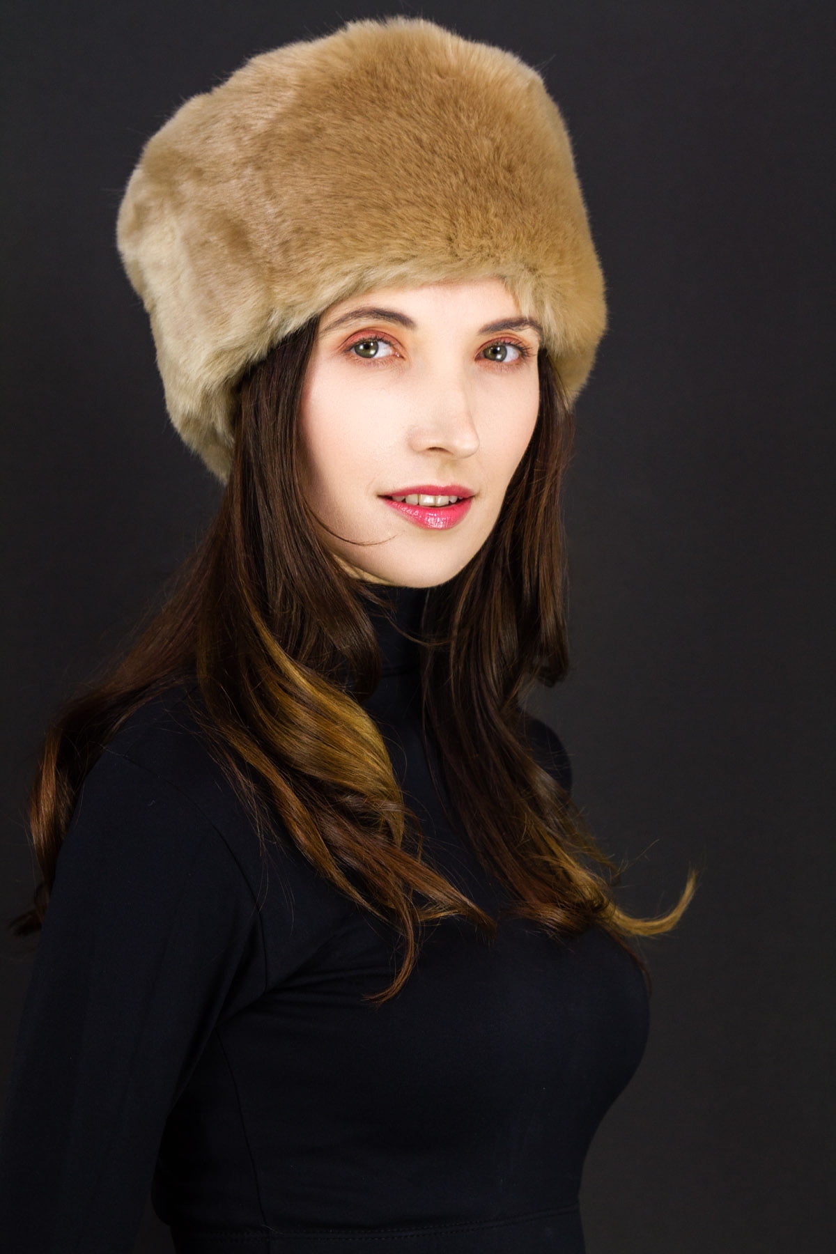 MAGID FAUX FUR CAMEL BROWN MINK TRAPPER 