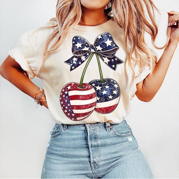 4th of july Cherry T-shirt, Trendy 4th of july Shirt, Red and blue Bow, 4th of july Shirt, Retro Usa Fourth Of July TH300546