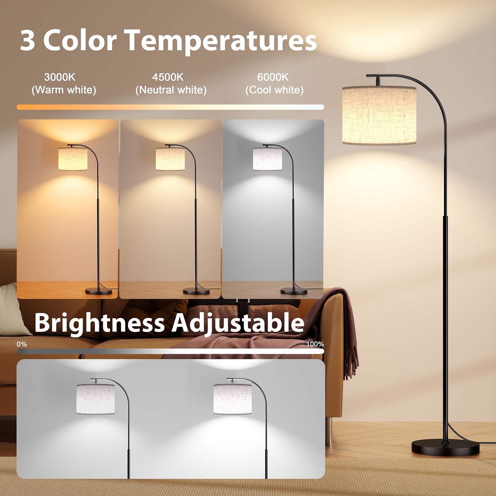 Beige Linen Shade Arc Dimmable Tall Standing Floor Lamp For Reading Living Room Bedroom Office