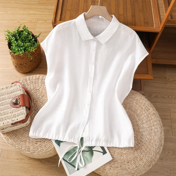 Timegard Summer Tops for Women Cap Sleeve Button down Lapel Neck Shirts Drawstring Lightweight Tops