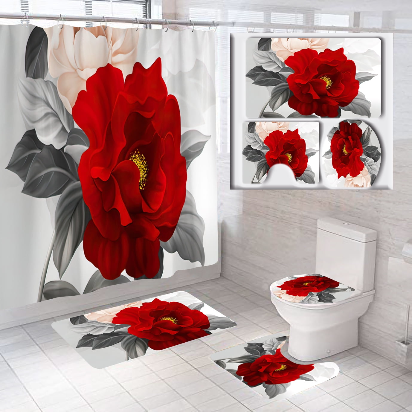 Flower Shower Curtain Bath Mat Toilet Cover Rug Home Bathroom Decor 