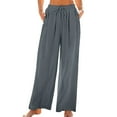 thumbnail image 3 of BADHUB 2025 Linen Palazzo Pants for Women Wide Leg Summer Drawstring Elastic Waist Beach Trousers Gray S, 3 of 9