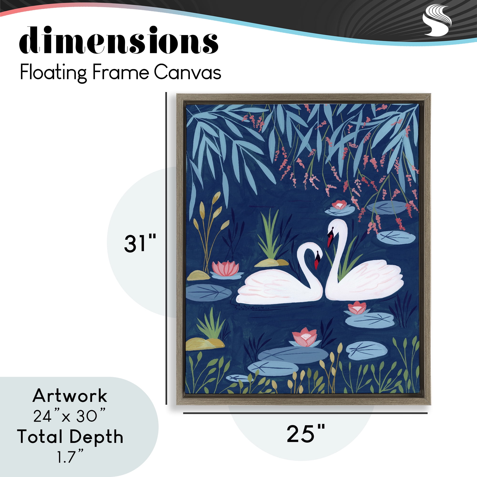 Swan Pair on Blue Pond Brown Framed Floater Canvas Wall Art, design by Nabeela Rumi