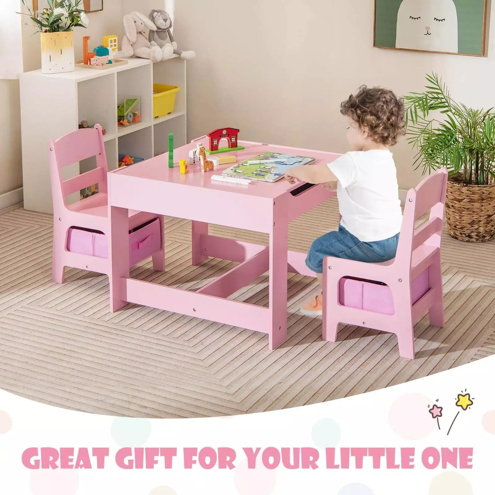 Harmijoy Kids Table and Chair Set, 3 in 1 Toddler Activity Table w/ Reversible Tabletop & Storage Drawers for Drawing, Reading, Crafts, Playing