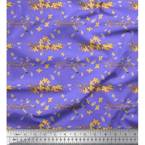 Soimoi Purple Cotton Poplin Fabric Feather & Floral Decor Fabric Printed Yard 42 Inch Wide
