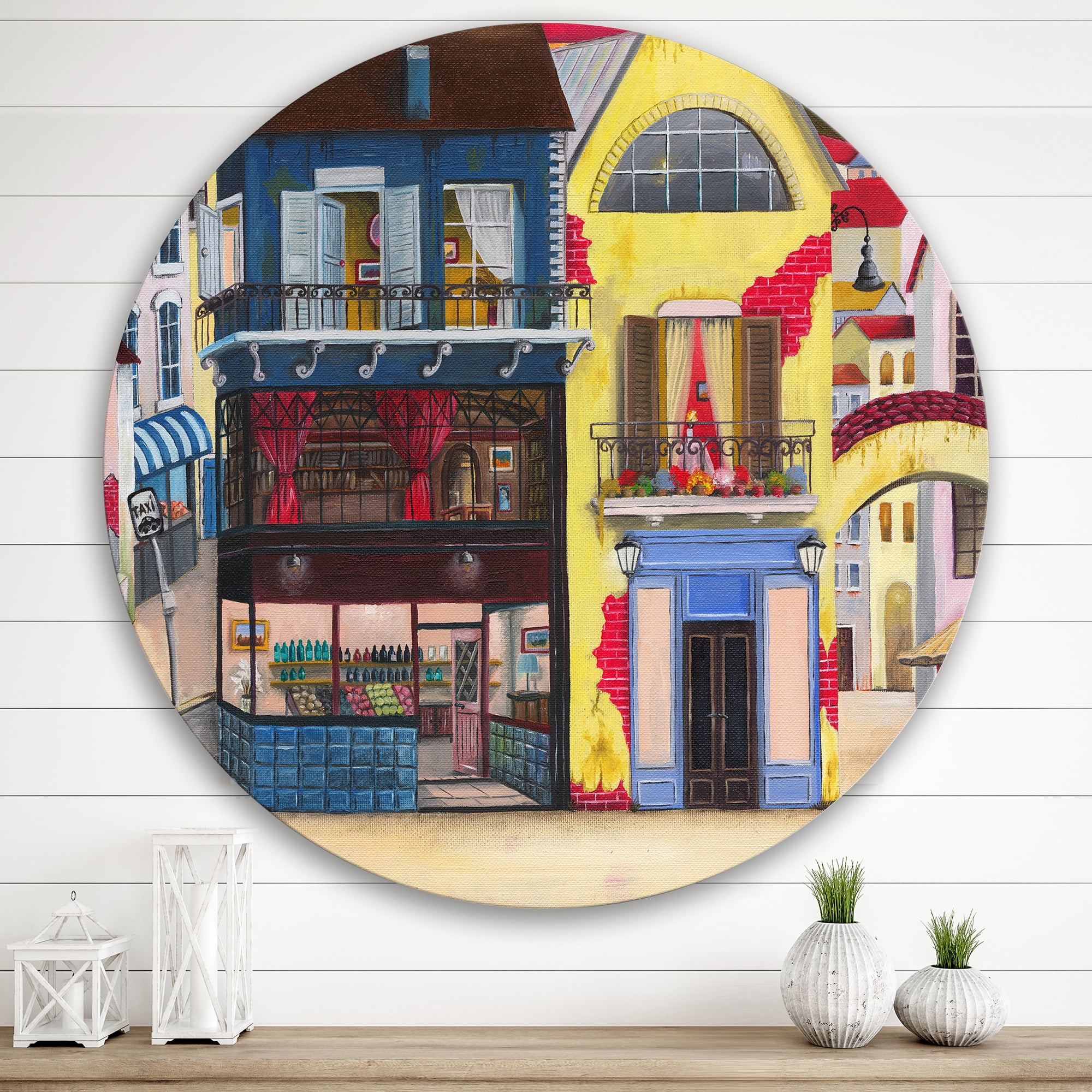 Designart 'The Colorful Facade of The Buildings In A Cozy Streets' French Country Circle Metal Wall Art 29x29 - Disc of 29