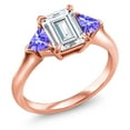 thumbnail image 2 of Gem Stone King 18K Rose Gold Plated Silver White Moissanite and Blue Tanzanite 3-Stone Ring for Women (2.09 Cttw, 8X6MM Emerald Cut and 3.5 Trillion, Gemstone Birthstone, Size 7), 2 of 4
