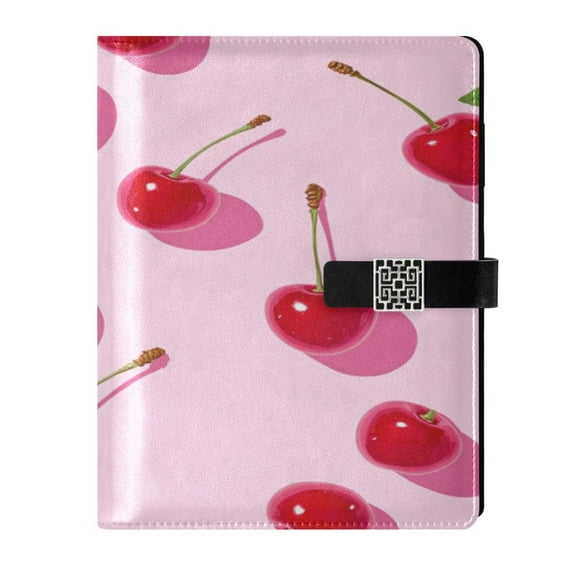 9.2x6.7 inch Leather Notebook 100 Sheets, Multi-Pocket Design & Pen Loop Red Cherries Refillable Journal Organizer