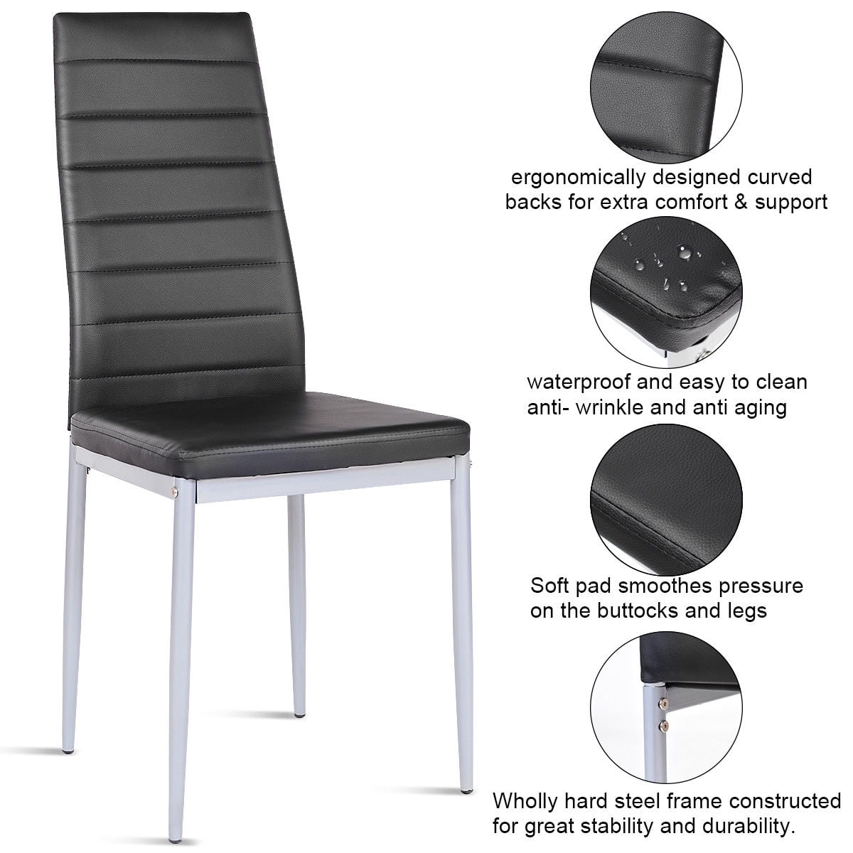 Costway Set of 4 PU Leather Dining Side Chairs Elegant Design Home Furniture Black Contemporary