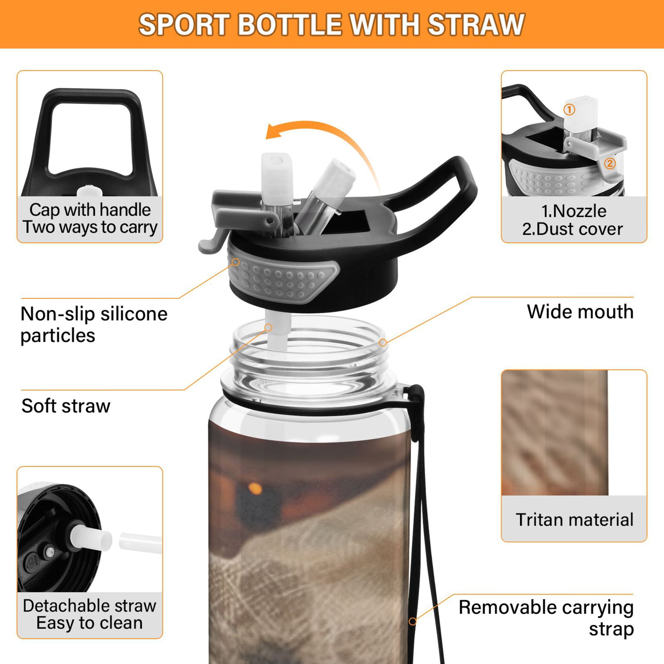 32oz Transparent Sports Water Bottle with Straw for Kids Adults Outdoor School Gym Fitness Pumpkin-shaped Glass Jar