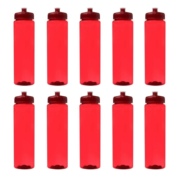 10 Poly-Clear Plastic Water Bottles Set, 32 oz. - Durable, Leak-Resistant, Push-Pull Lids - Trans Red