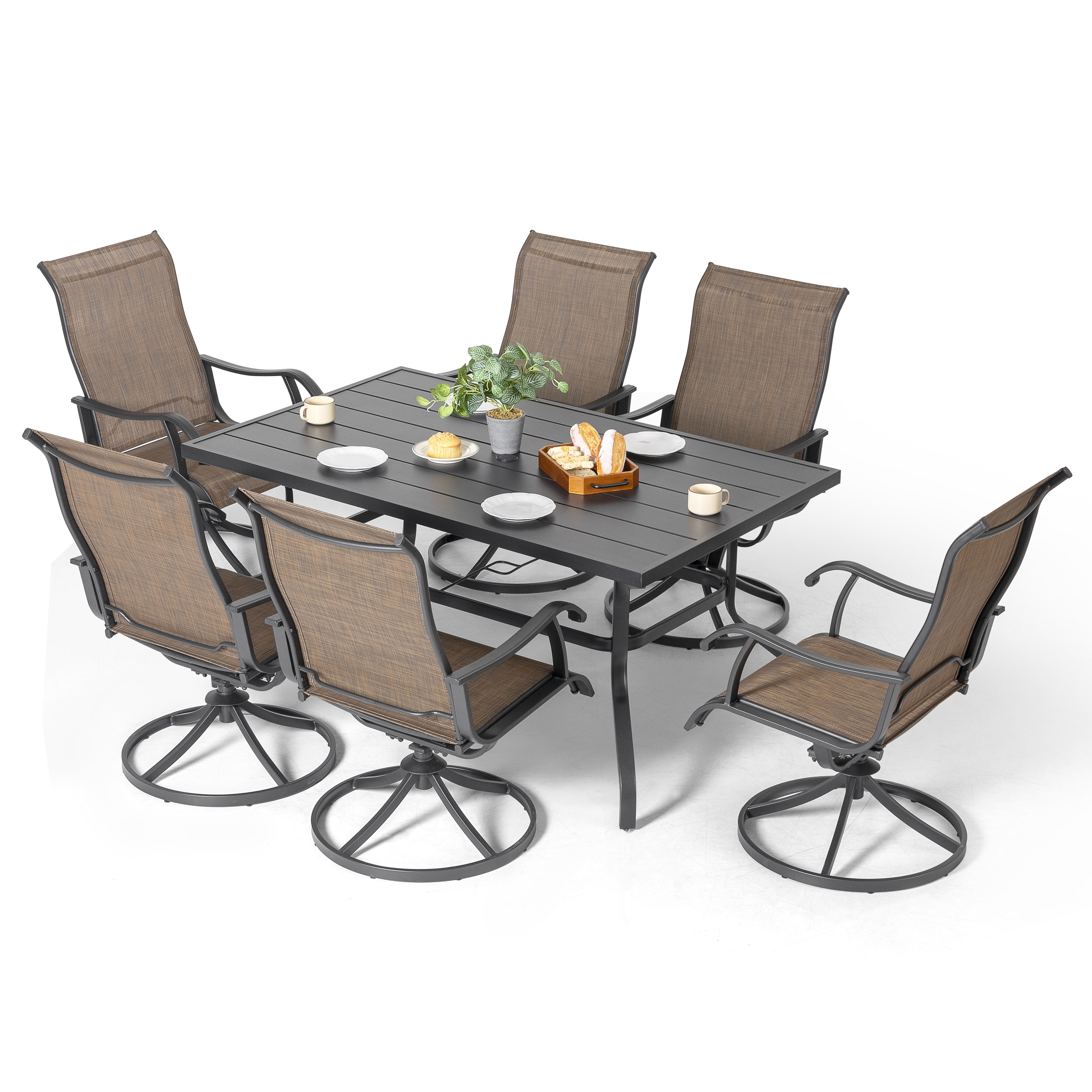 Nuu Garden 7 Piece Outdoor Dining Set Iron Patio Furniture Set 6 Swivel Patio Chairs and 1 Dining Table with 1.57 Inch Umbrella Hole, Brown