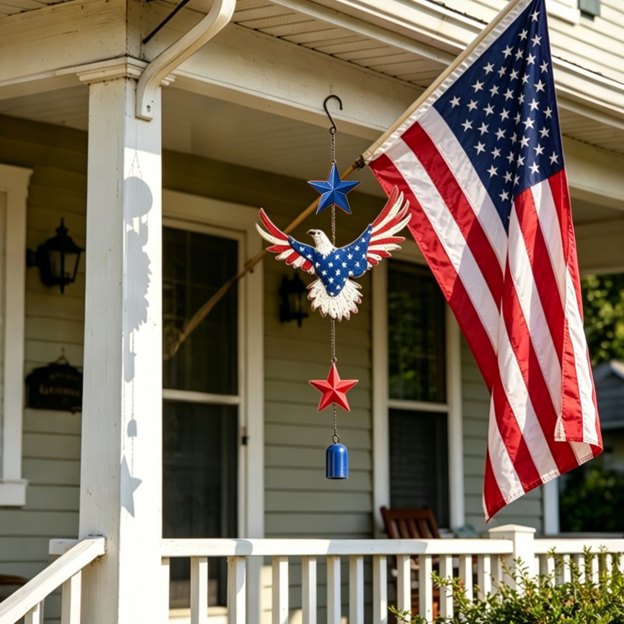 Abble 20 Inch Patriotic Eagle Wind Chime, Rustic Metal American Flag Eagle Hanging Bell Wind Chime with Red Blue Star Ornaments, Weatherproof Outdoor Indoor Patriotic Decor for Porch Garden Yard