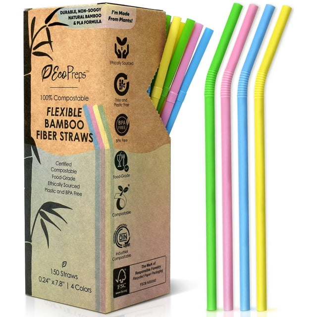Pajillas flexibles de fibra de bambú EcoPreps, 150 unidades, 20 cm