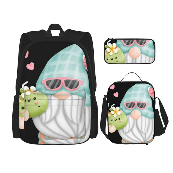 Disketp Summer Gnome,Cute Gnome Mochila Estampada de Gran Capacidad con Lonchera y Estuche, Set de 3 Piezas para Estudiantes