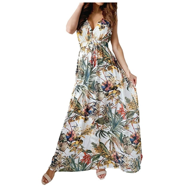 Hontri Robe Décontractée pour Femme Offres à Moins de 15 $, Robe Longue de Banquet de Mariage à Fleurs à Bretelles Mode Imprimé pour Femme à Dos Nu Robe d'Été pour Femme Blanc TG