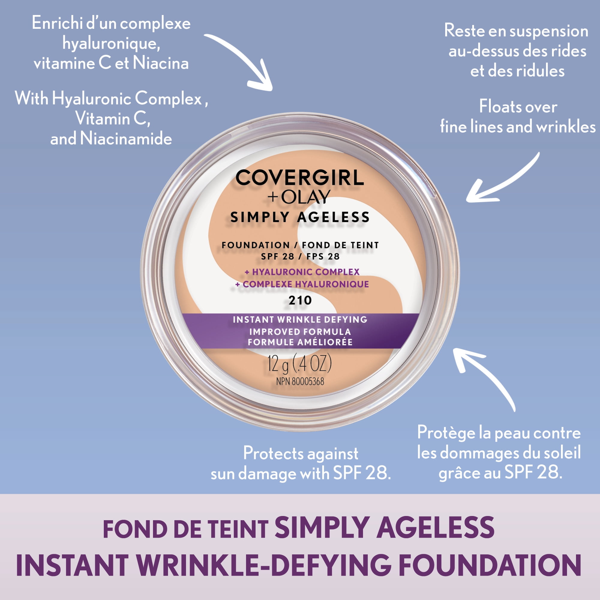 COVERGIRL Simply Ageless Instant Wrinkle Defying Foundation with Hyaluronic Complex, Vitamin C, and Niacinamide - SPF 28, 100% Cruelty-Free