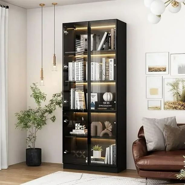 Vitrina, con 2 puertas y luces de vidrio, vitrina con estantes de almacenamiento de 4 niveles y 2 cajones, diseño emergente