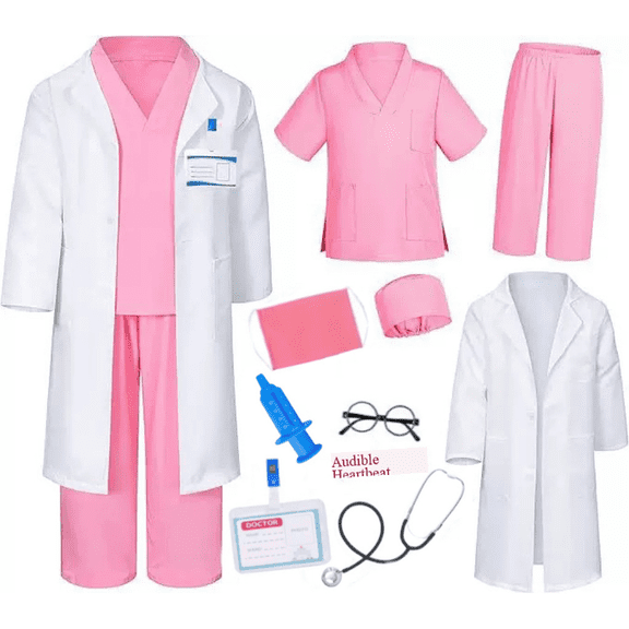 Doctor Costume for Kids, Pink Doctor Costume with Lab Coat Halloween Party Dress Up for Girls Age 8-12 Years