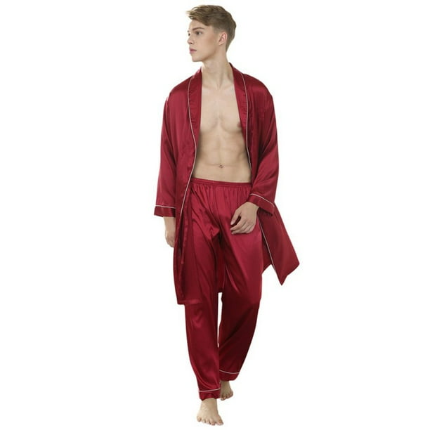 Fantadool Men'S Sleepwear Mens Silk Pajamas Set Solid Color Silk Men