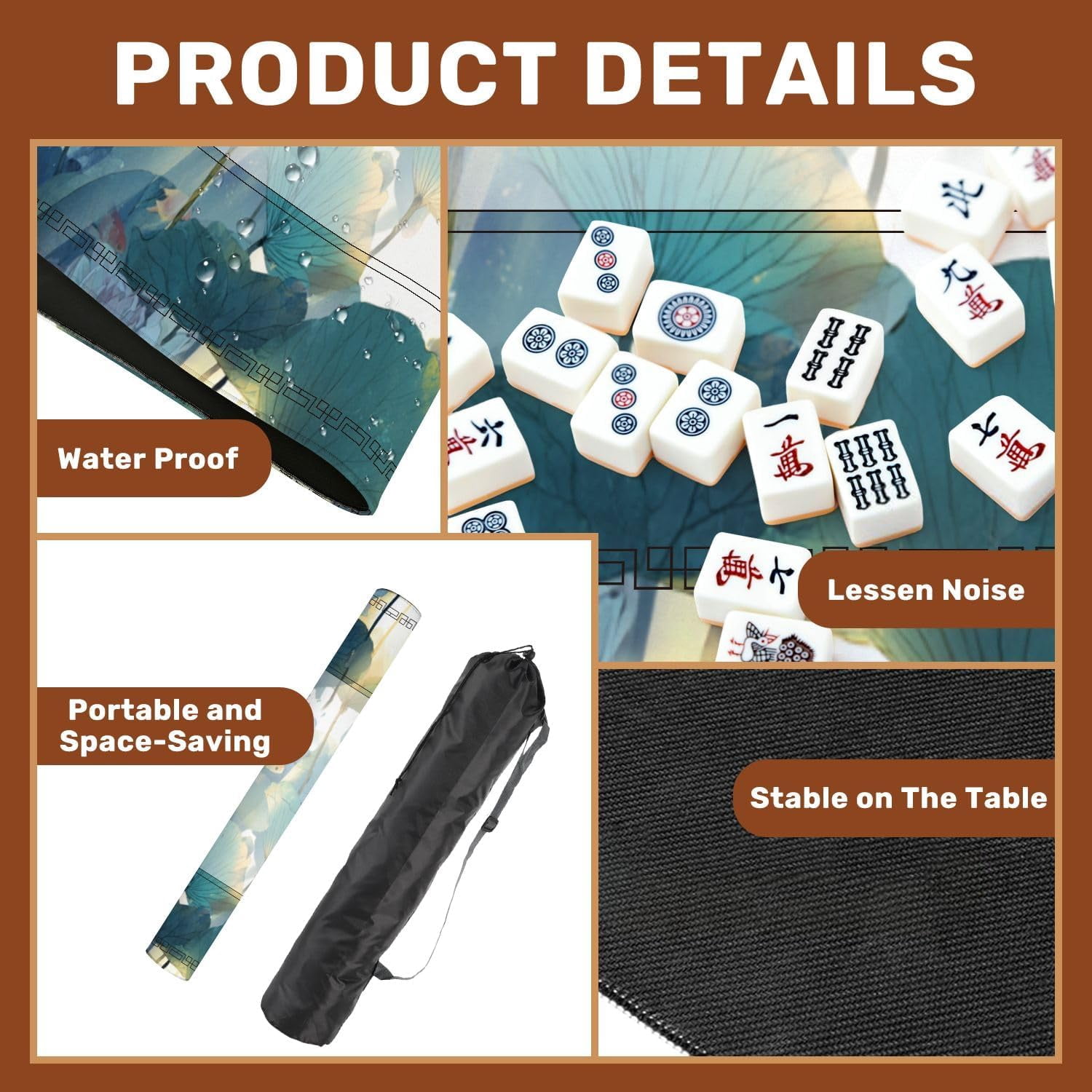 Mahjong Mat 31.5" x 31.5" Pastel Pond Painting Teal Pink Gold Floral Artwork Non-Slip Noise Reduction Mahjong Tiles Table Cover for Dominoes Poker Card Board and Tile Games