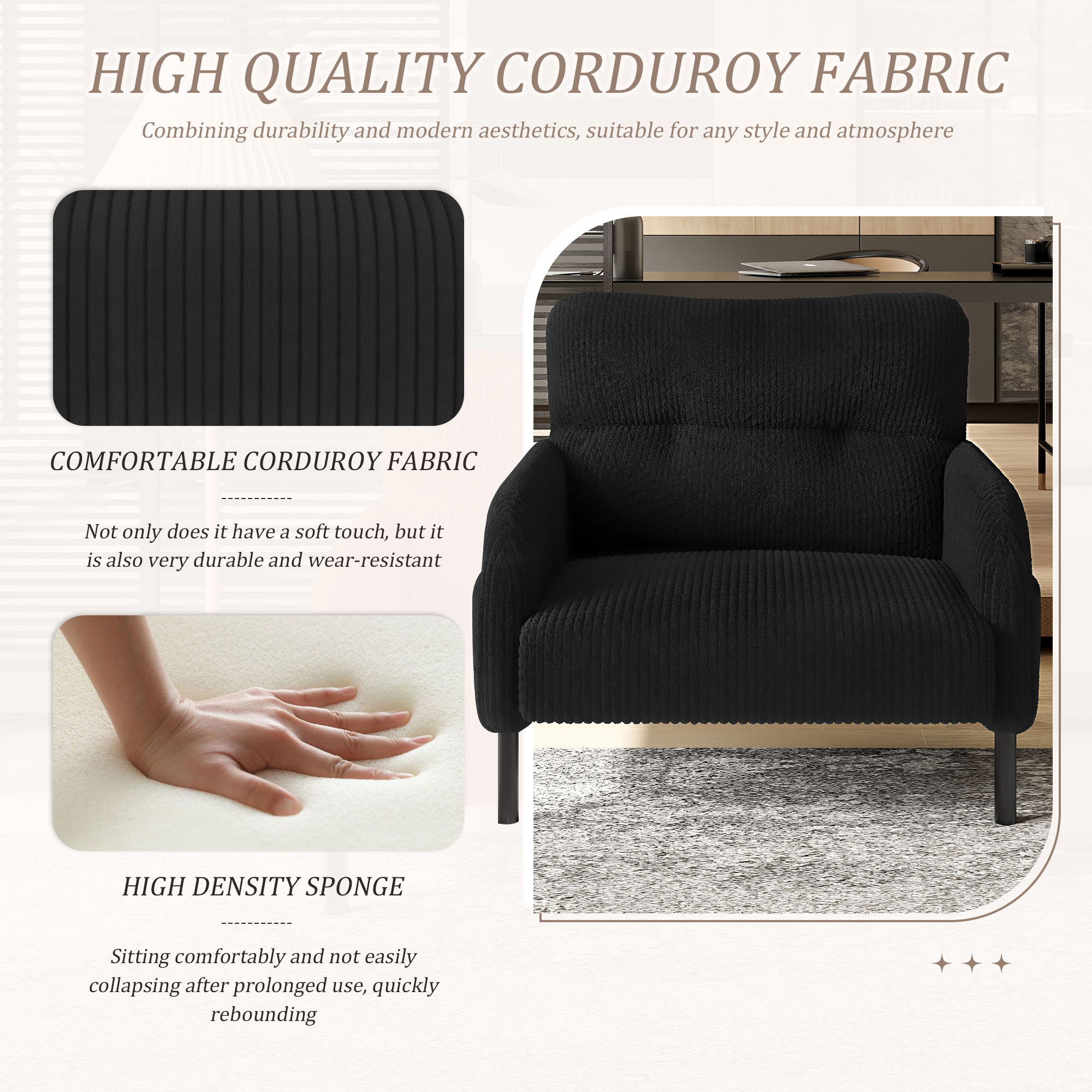 MOONMISS Corduroy Upholstered Comfortable Single Wood Frame Armchair for Living room and Bedroom-Black