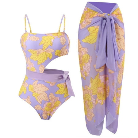 ZQGJB Women s One Piece Swimsuit with Beach Cover up Wrap Skirt Sarong Retro Floral Print Bikini Set Two Piece Bathing Suit(Purple M)
