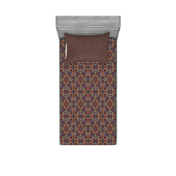 Ambesonne Colorful Fitted Sheet & Pillow Sham Set, Jumble Stained Glass Art, Twinxl, Multicolor