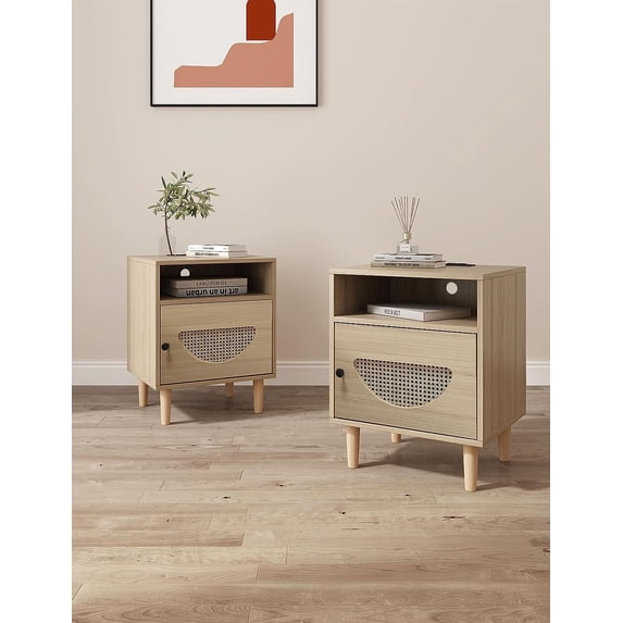 Rattan Nightstand Set of 2 with Charging Station, Boho End Table, Side Table with USB Ports & Power Outlets,1 Storage and Solid Wooden Legs for Bedroom, Living Room