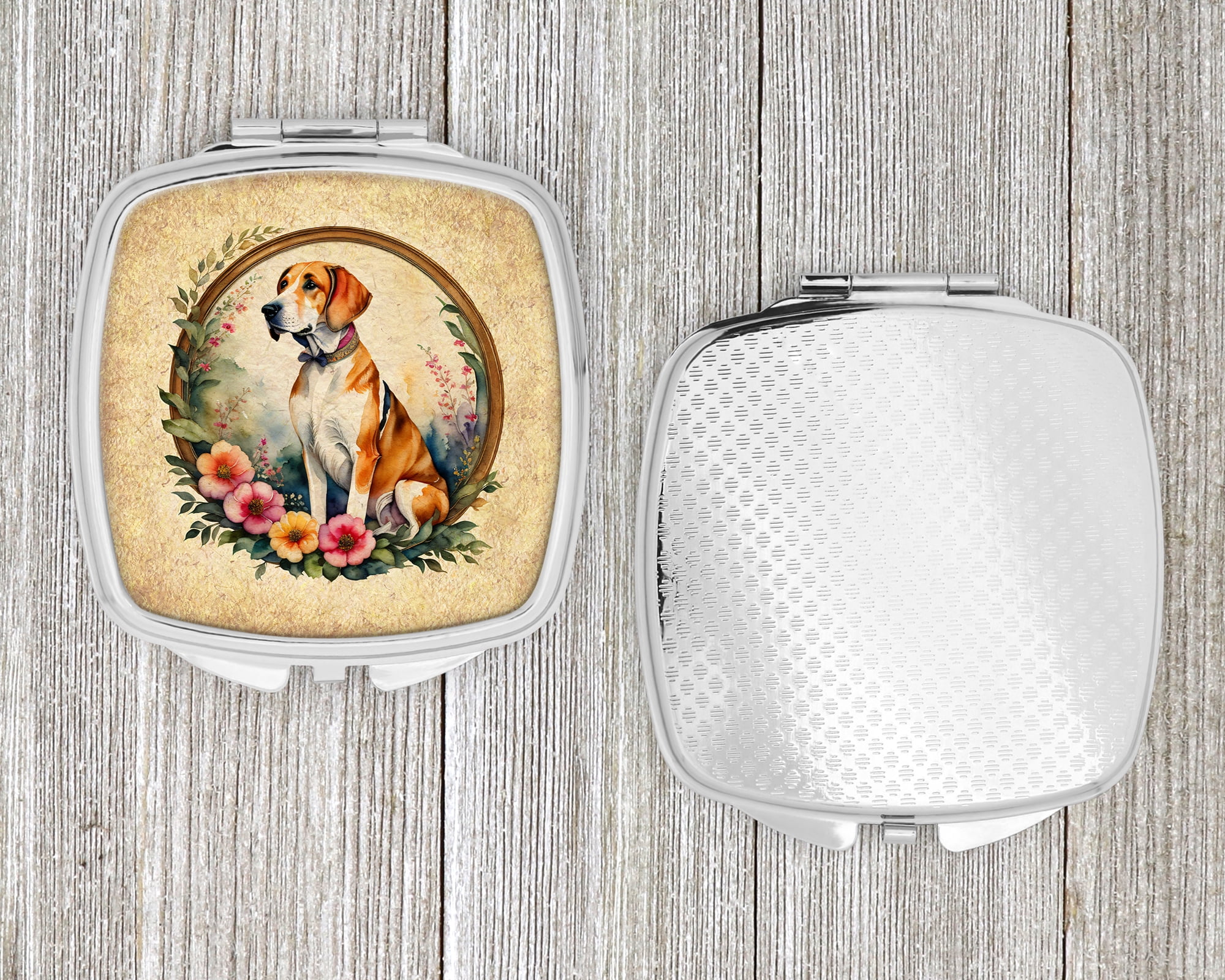 English Foxhound and Flowers Compact Mirror 2.75 in x 3 in