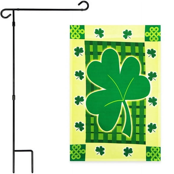 G128 Combo Pack: Garden Flag Stand Black 36x16IN & Garden Flag Large Clover 12x18IN