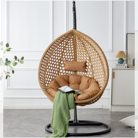 TesNus Hanging Egg Chair with Stand, Yellow Wicker Egg Swing Chair with Cushion, Indoor Outdoor Hammock Chair for Bedroom Patio Garden