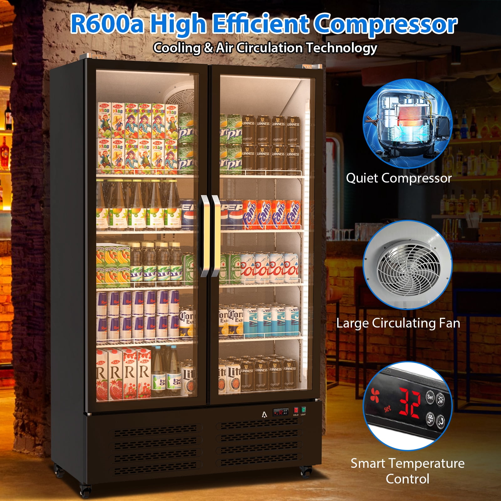 Commercial Refrigerator, 2 Door Display Fridge Merchandiser Upright Beverage Cooler, Double Glass Door Fridge with Adjustable Shelves & Drink Organizers, 25.5 Cu. Ft. Black