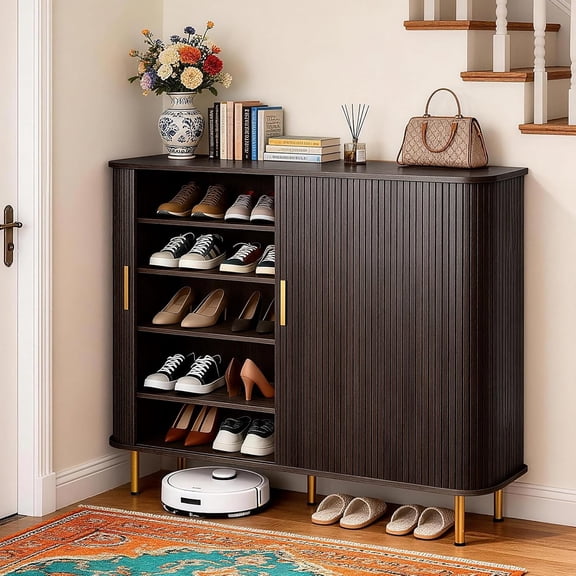 Danniu Shoe Storage Cabinet with Sliding Door, 6-Tier Shoe Cabinet with Adjustable Shelves, Modern Freestanding Shoe Storage Organizer for Entryway, Hallway, Living Room (Brown, 47 ")