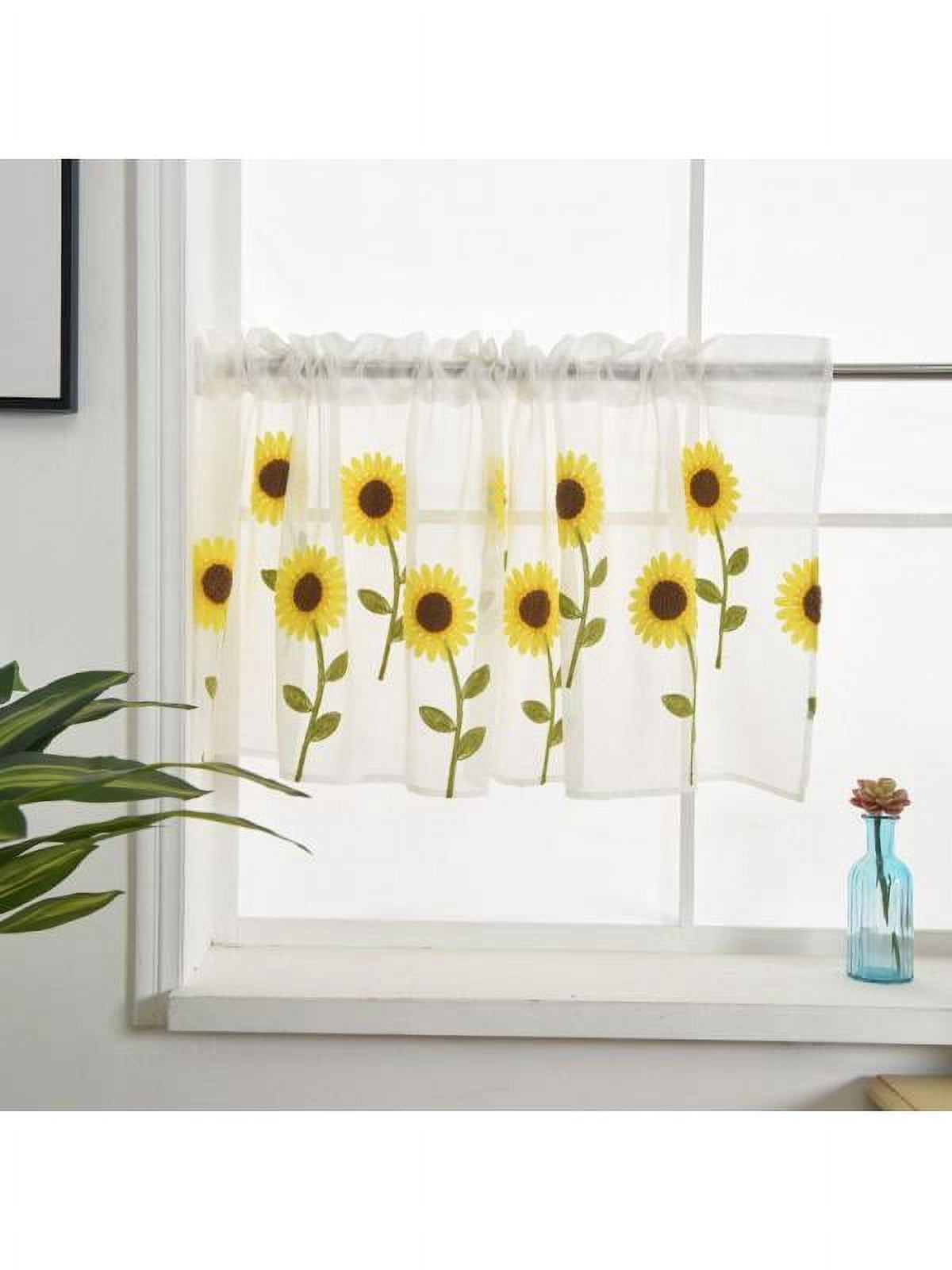 3-Piece Rod Pocket Kitchen Curtain Set - Sunflower Embroidered, 2 Tiers + Valance